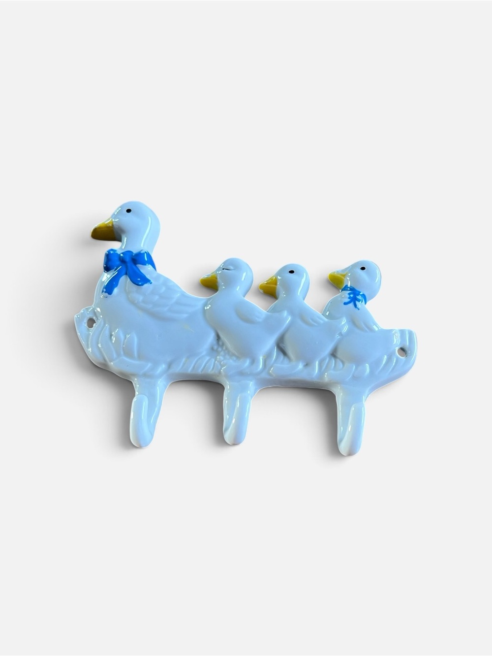 Vintage 1986 Ceramic Goose Family Wall Hook – Blue Bow 3 Peg Country Cottage Dec